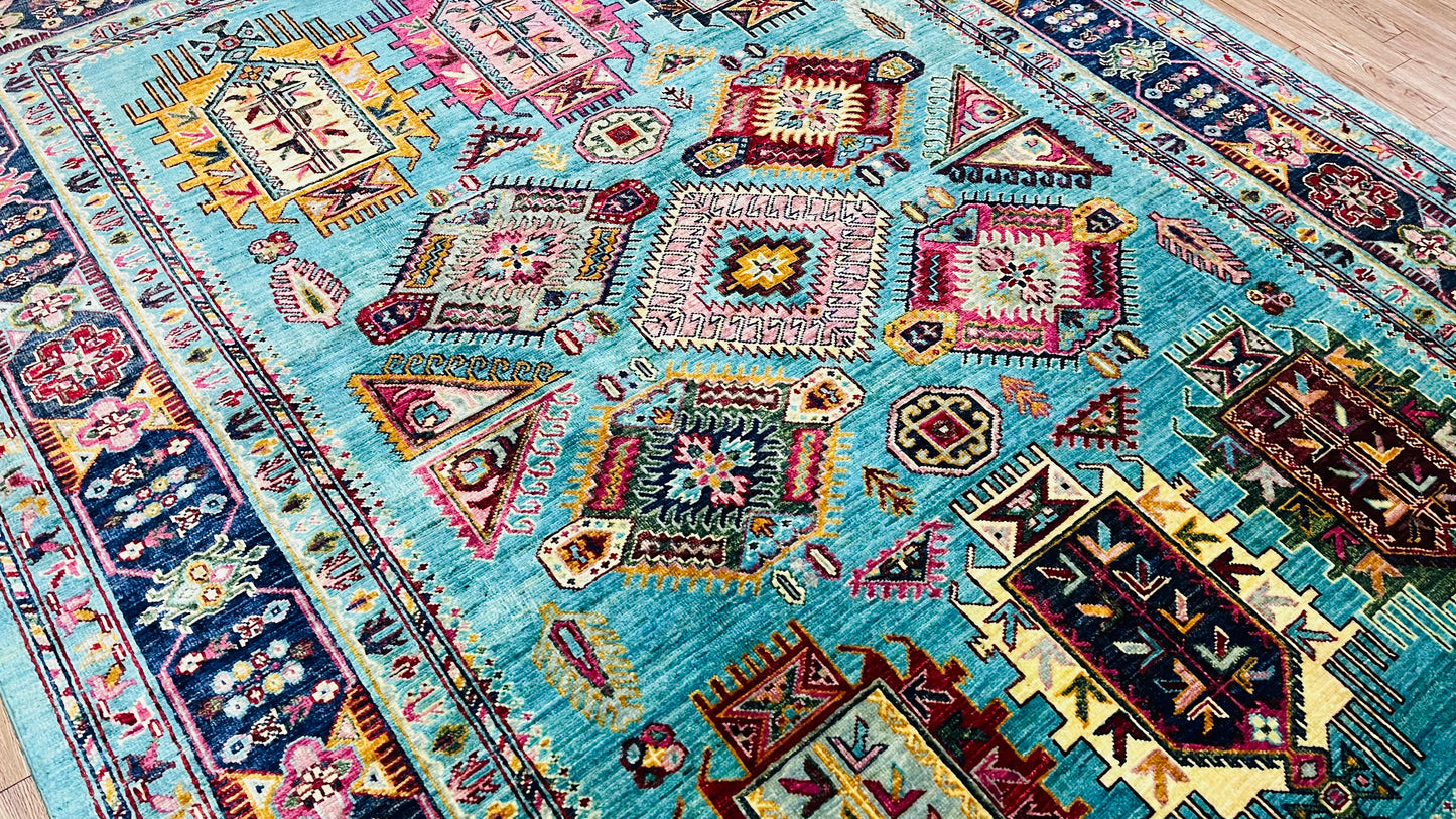 One of a Kind, Pure Wool, Naturally Dyed, Hand Knotted, Fine Afghan Traditional Waziri Area Rug – 7’ 6’’ x 5’ 6’’