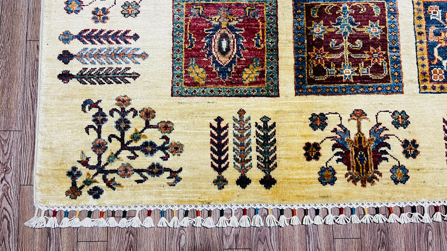 One of a Kind, Pure Wool, Naturally Dyed, Hand Knotted, Fine Afghan Traditional Aiyana Area Rug – 7’ 9’’ x 5’ 8’’