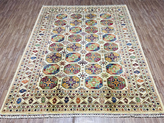 One of a Kind, Pure Wool, Naturally Dyed, Hand Knotted, Fine Afghan Traditional Feel Pai Area Rug – 8’ 2’’ x 5’ 10’’