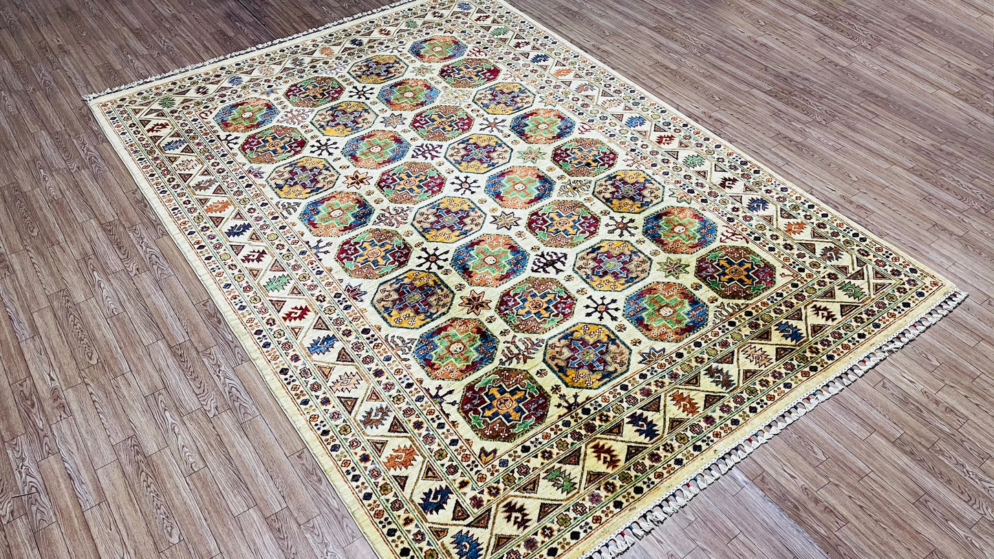 One of a Kind, Pure Wool, Naturally Dyed, Hand Knotted, Fine Afghan Traditional Feel Pai Area Rug – 8’ 2’’ x 5’ 10’’