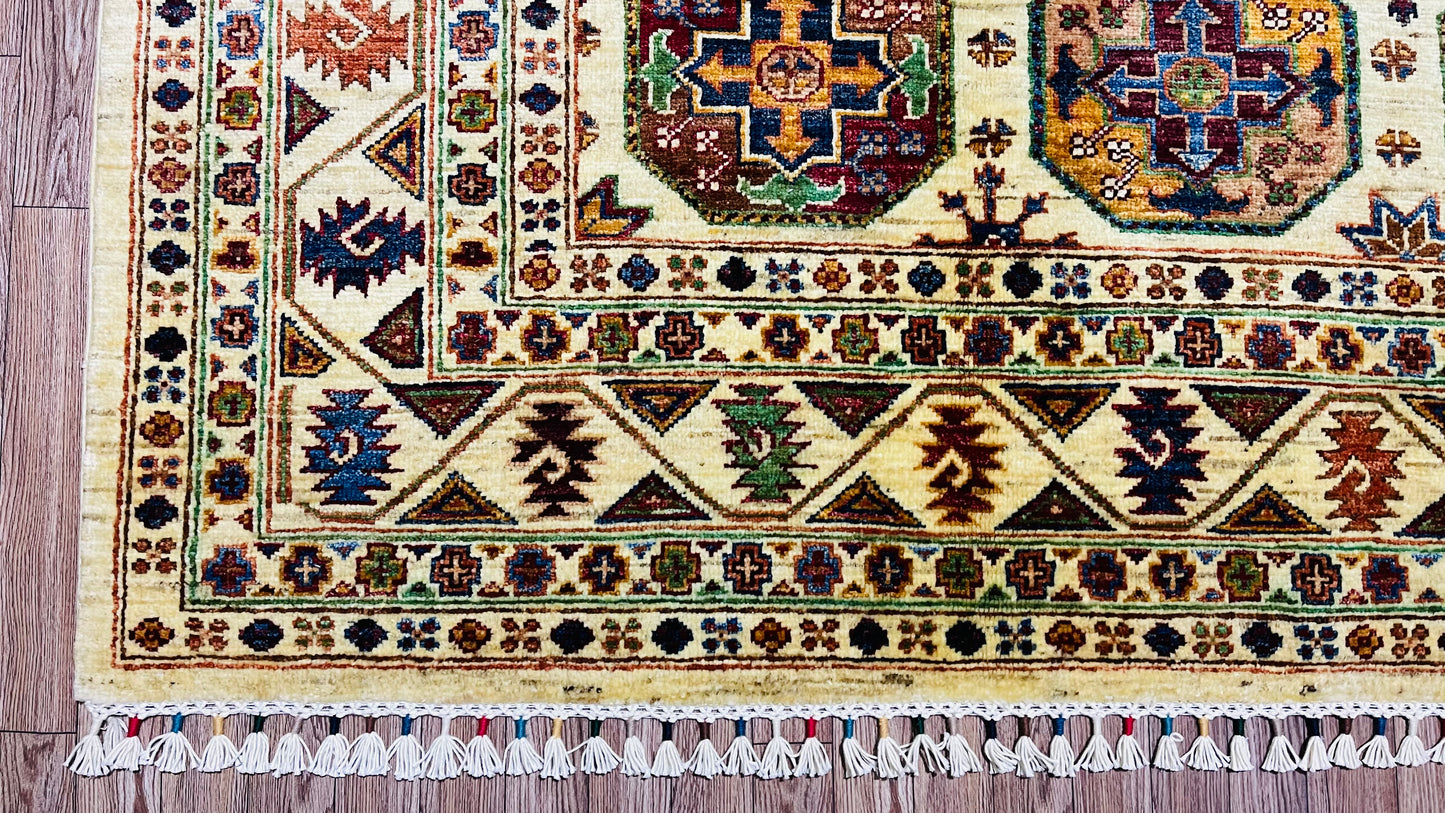 One of a Kind, Pure Wool, Naturally Dyed, Hand Knotted, Fine Afghan Traditional Feel Pai Area Rug – 8’ 2’’ x 5’ 10’’