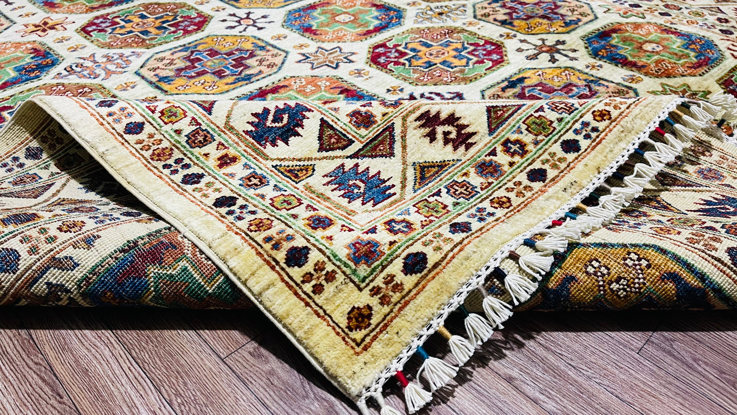 One of a Kind, Pure Wool, Naturally Dyed, Hand Knotted, Fine Afghan Traditional Feel Pai Area Rug – 8’ 2’’ x 5’ 10’’