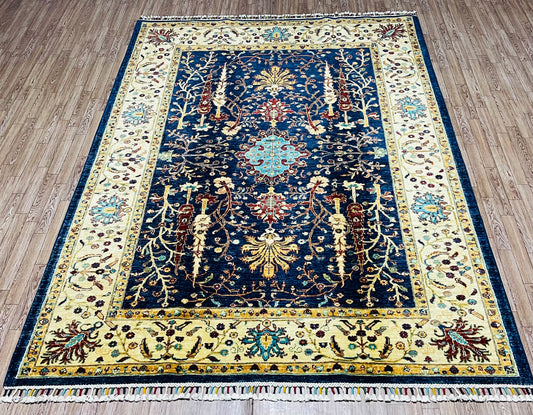 One of a Kind, Pure Wool, Naturally Dyed, Hand Knotted, Fine Afghan Traditional Chobi Area Rug - 7’ 8’’ x 5’ 6’’