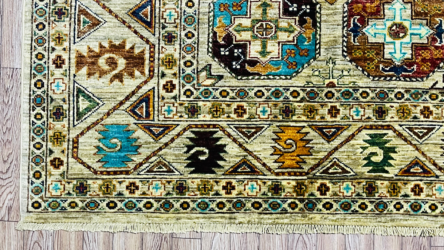 One of a Kind, Pure Wool, Naturally Dyed, Hand Knotted, Fine Afghan Traditional Feel Pai Area Rug – 7’ 5’’ x 5’ 6’’