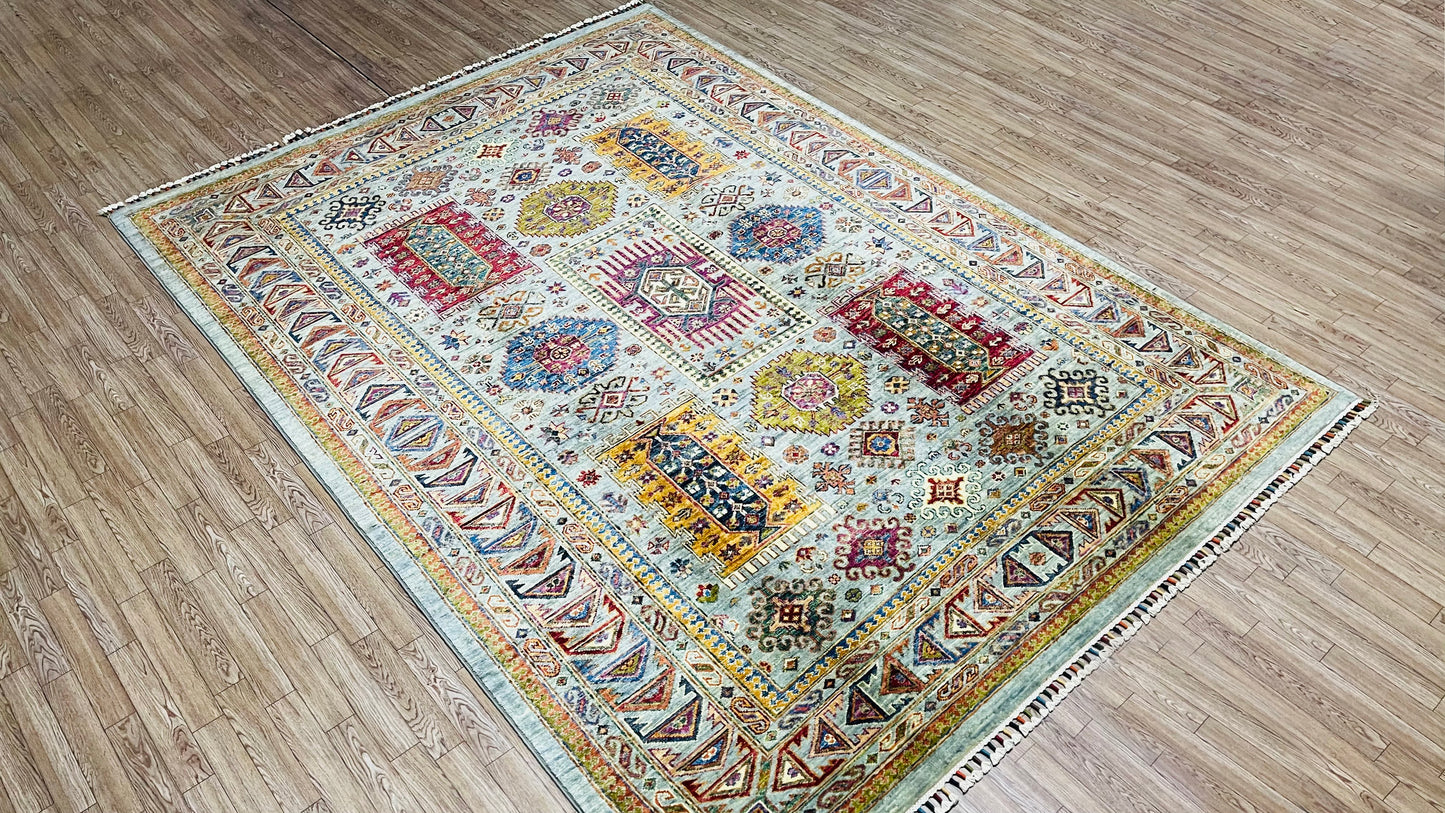 One of a kind, Pure Wool, Naturally Dyed, Hand Knotted, Fine Afghan Traditional Waziri Area Rug – 7’ 11’’ x 5’ 9’’