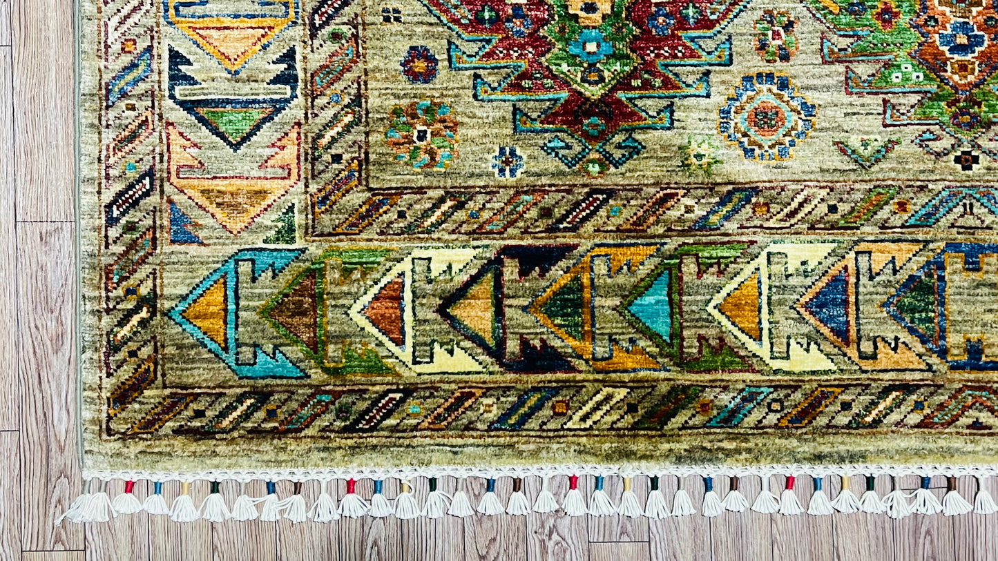 One of a Kind, Pure Wool, Naturally Dyed, Hand Knotted, Fine Afghan Traditional Waziri Area Rug – 6’ 7’’ x 4’ 12’’