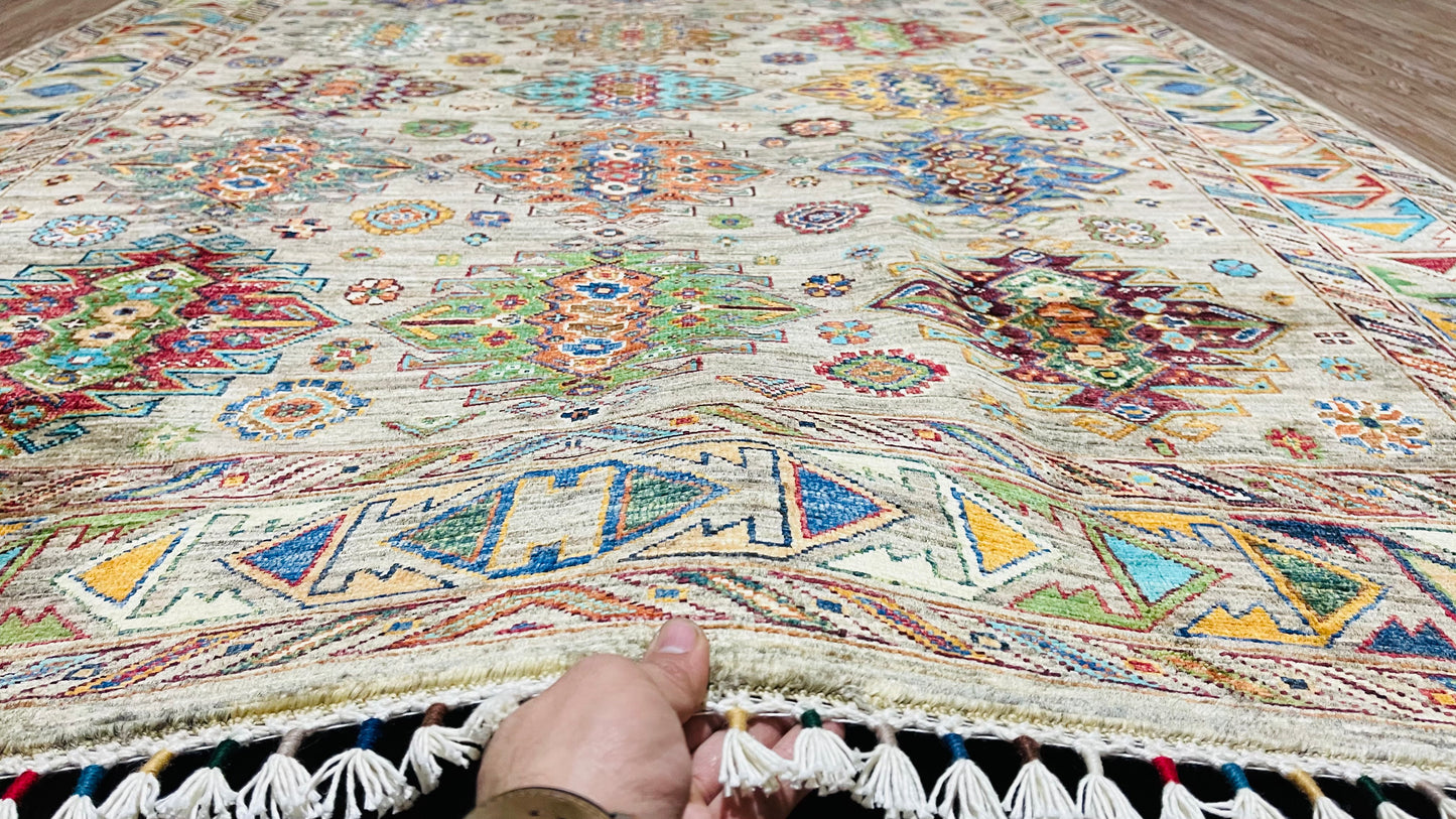 One of a Kind, Pure Wool, Naturally Dyed, Hand Knotted, Fine Afghan Traditional Waziri Area Rug – 6’ 7’’ x 4’ 12’’