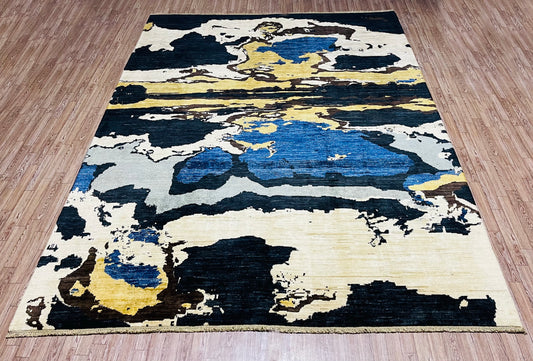 Black and colorful, Soft and Pure Wool, Hand Knotted, Afghan Modern Abshar Rug - 9’ 7’’ x 5’ 8’’