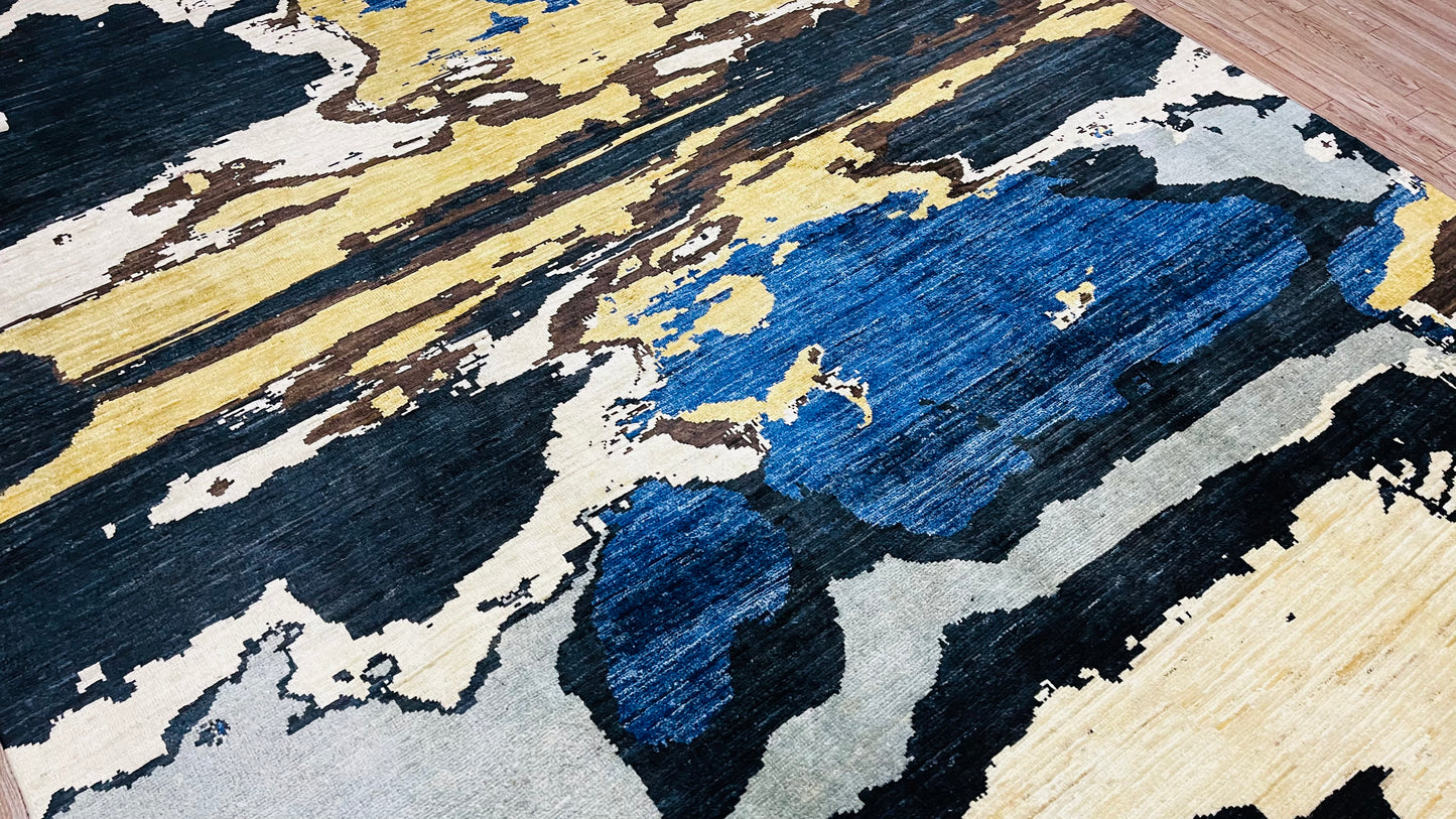 Black and colorful, Soft and Pure Wool, Hand Knotted, Afghan Modern Abshar Rug - 9’ 7’’ x 5’ 8’’