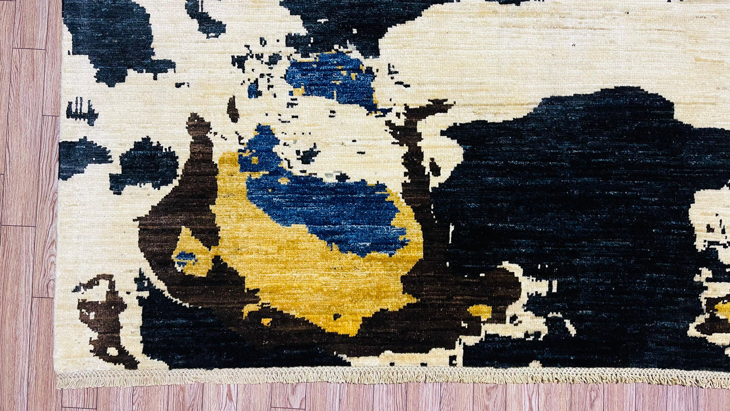 Black and colorful, Soft and Pure Wool, Hand Knotted, Afghan Modern Abshar Rug - 9’ 7’’ x 5’ 8’’