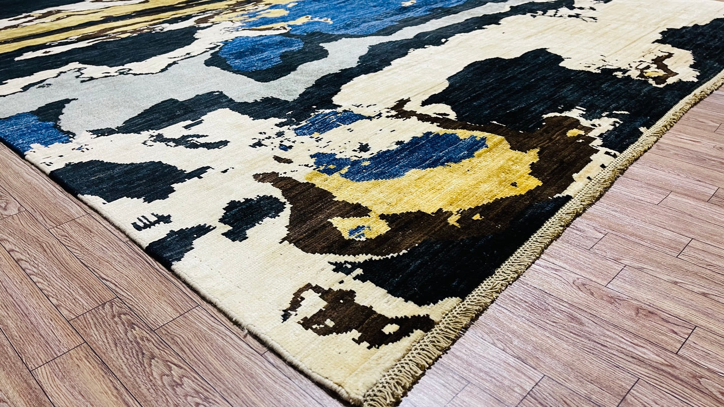 Black and colorful, Soft and Pure Wool, Hand Knotted, Afghan Modern Abshar Rug - 9’ 7’’ x 5’ 8’’