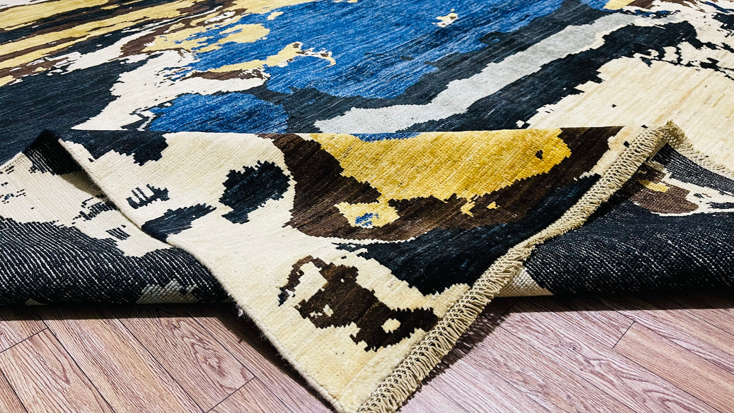 Black and colorful, Soft and Pure Wool, Hand Knotted, Afghan Modern Abshar Rug - 9’ 7’’ x 5’ 8’’