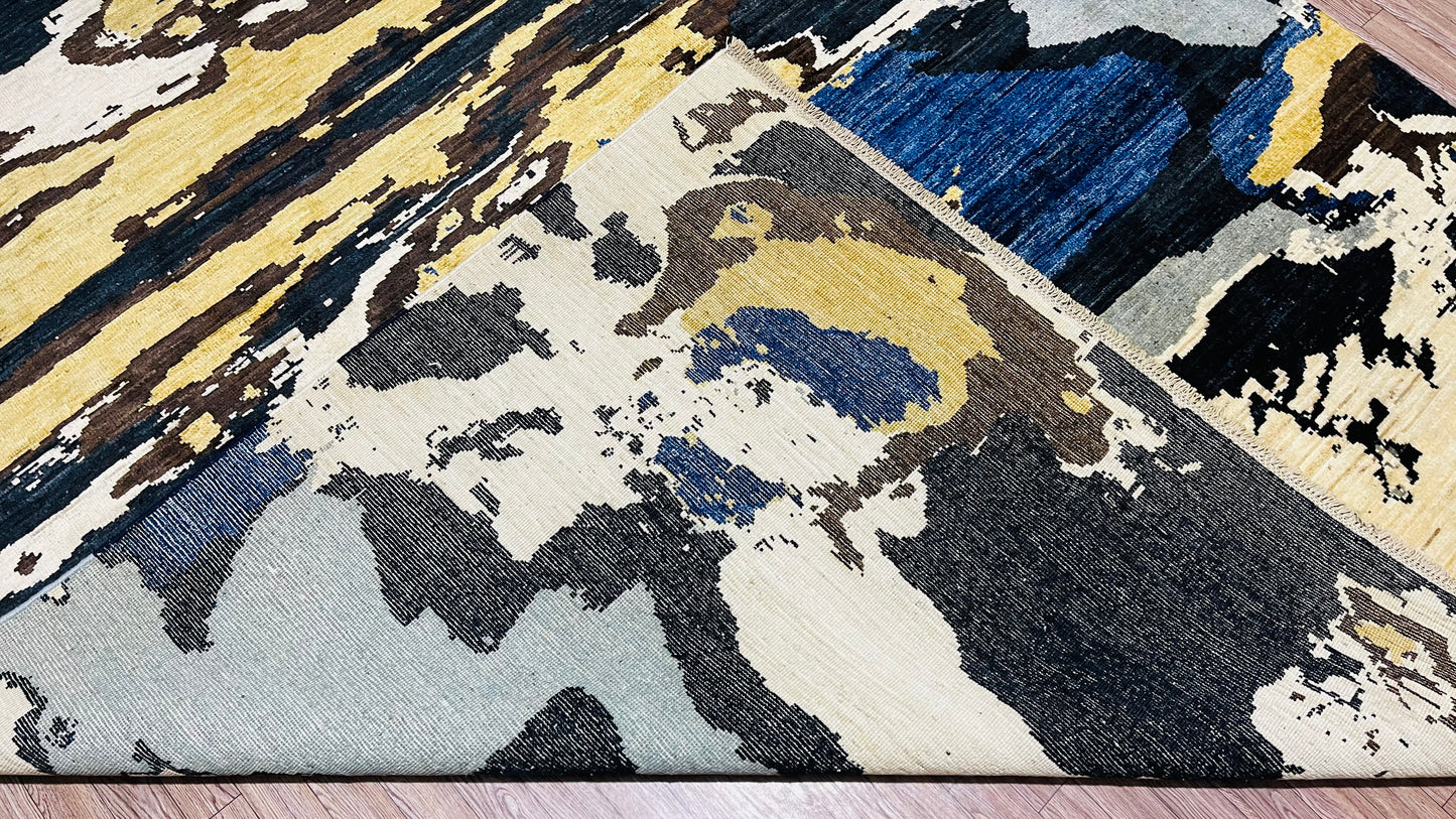 Black and colorful, Soft and Pure Wool, Hand Knotted, Afghan Modern Abshar Rug - 9’ 7’’ x 5’ 8’’