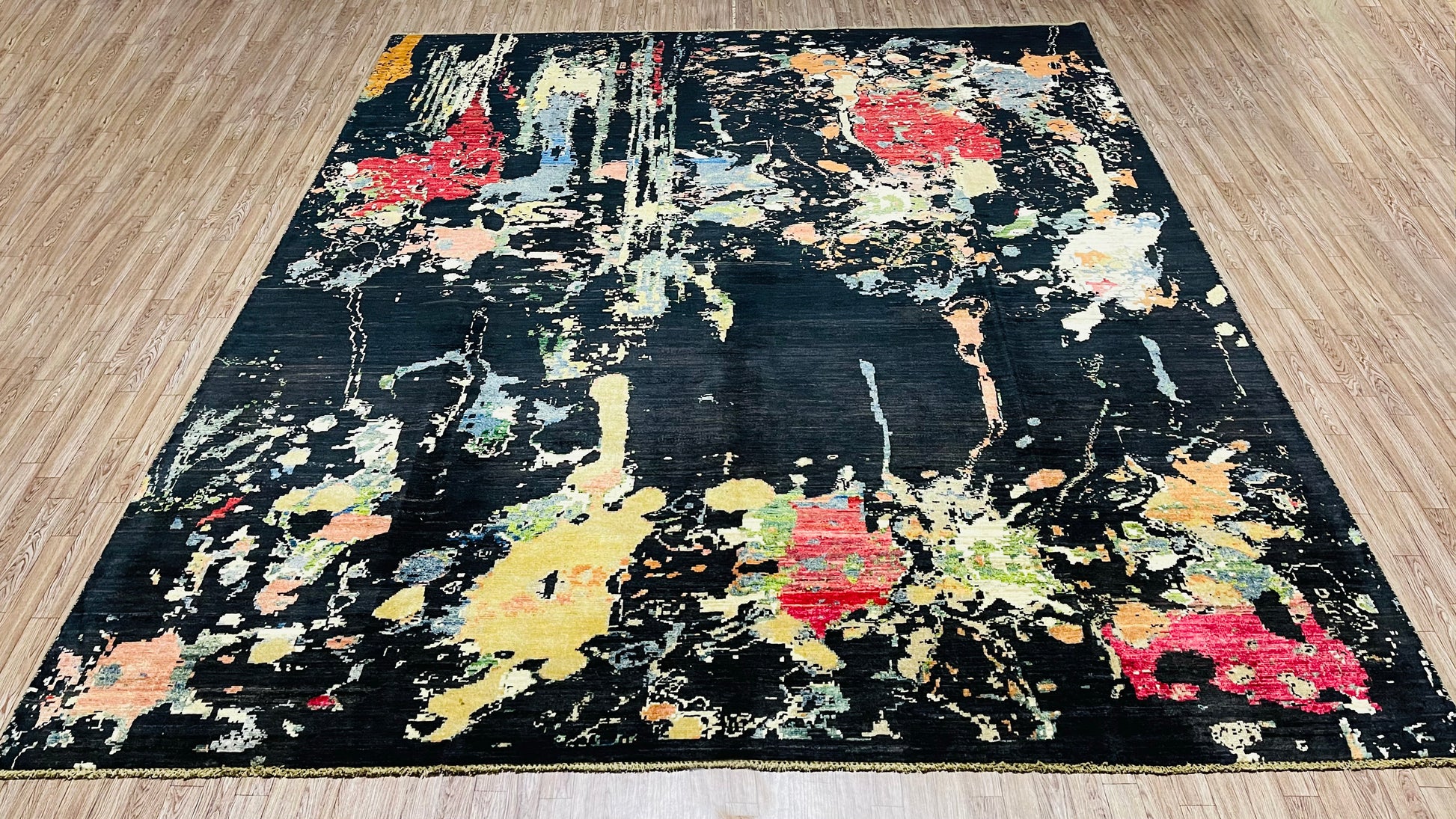 9' 9'' x 8' 1'' Black and colorful, Soft and Pure Wool, Hand Knotted, Afghan Modern Abshar Rug