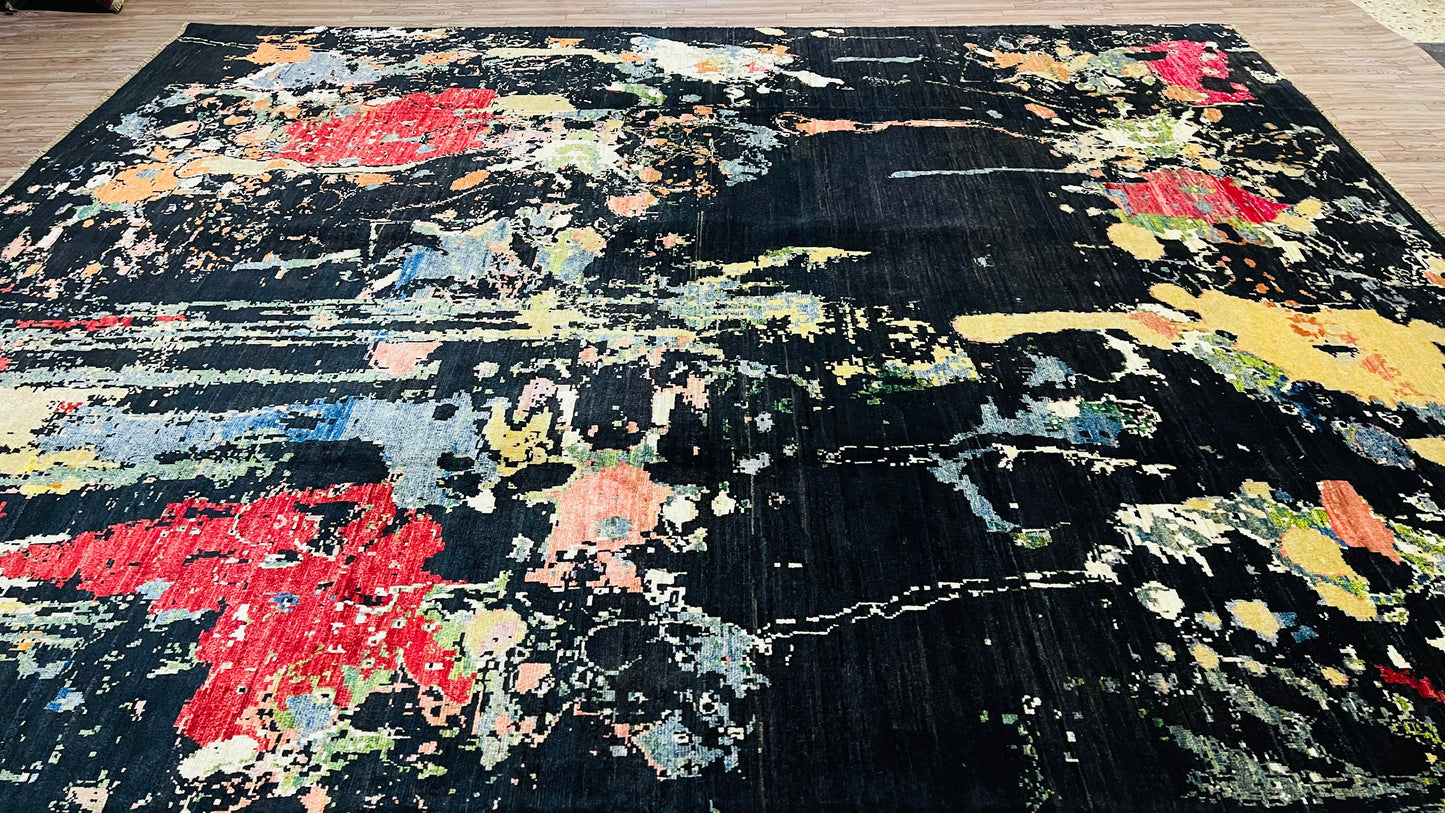 9' 9'' x 8' 1'' Black and colorful, Soft and Pure Wool, Hand Knotted, Afghan Modern Abshar Rug