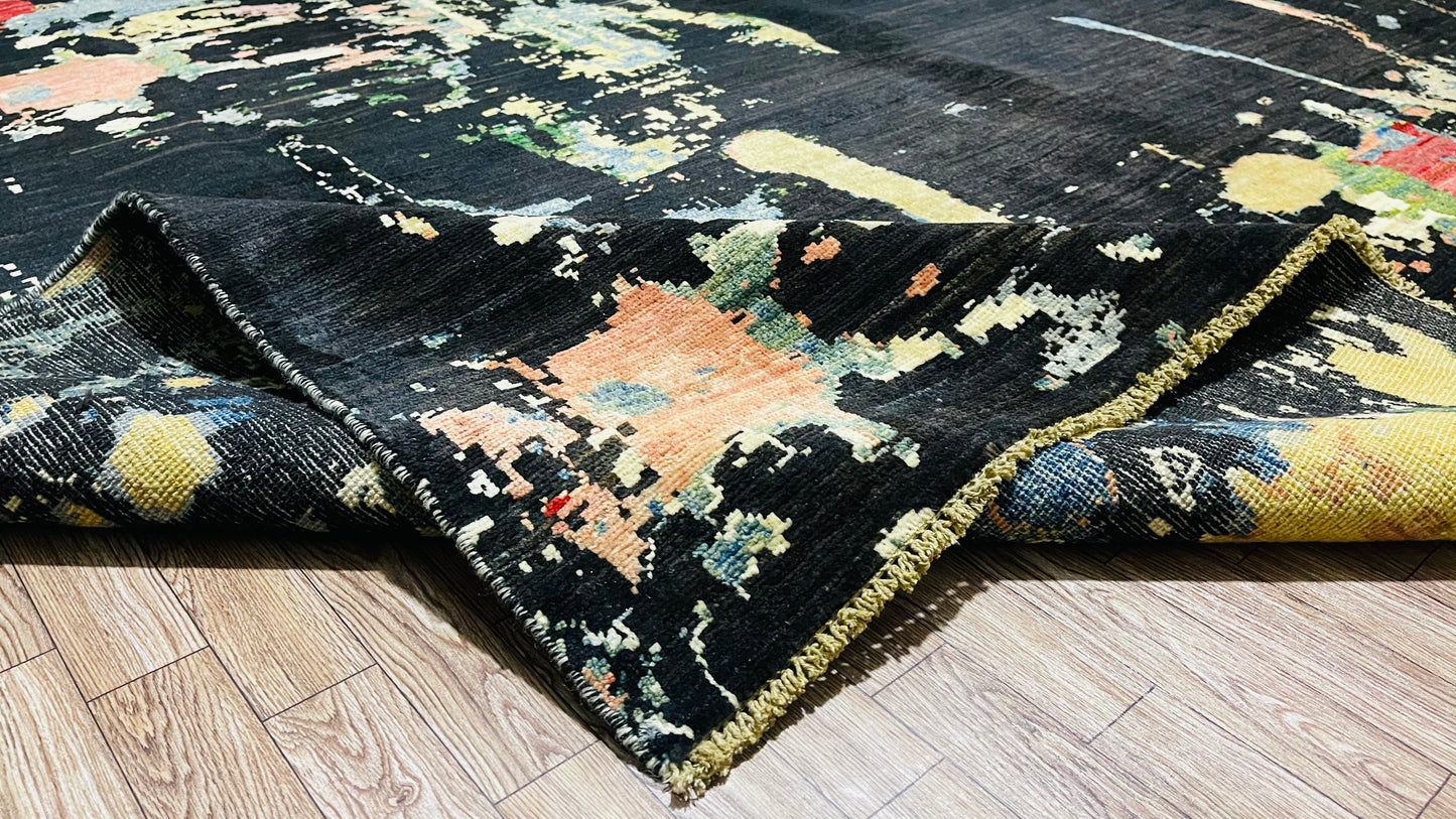 9' 9'' x 8' 1'' Black and colorful, Soft and Pure Wool, Hand Knotted, Afghan Modern Abshar Rug