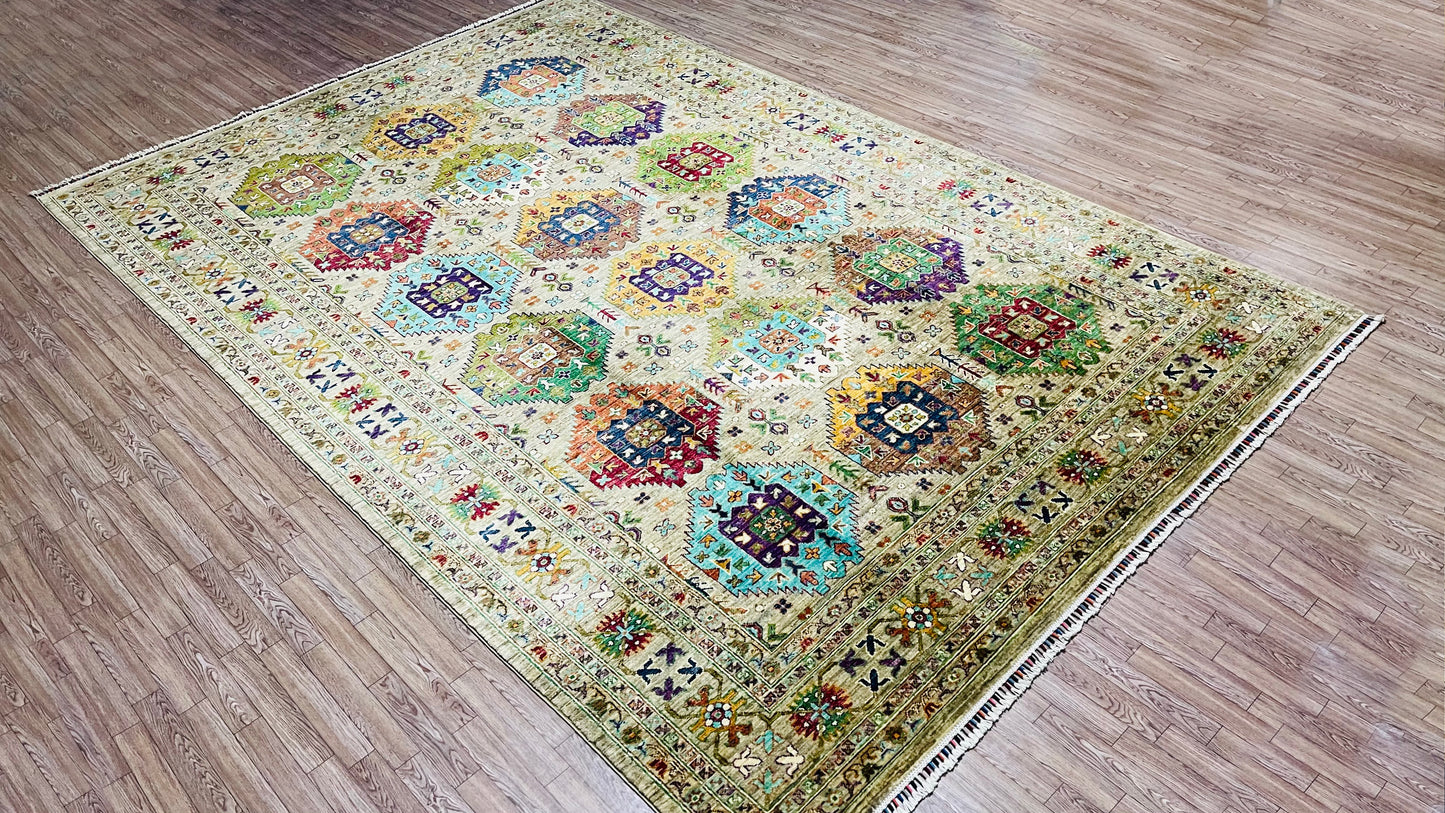 One of a Kind, Fine, Pure Wool, Naturally Dyed, Hand Knotted, Afghan Traditional Waziri Area Rug - 10’ 1’’ x 6’ 7’’