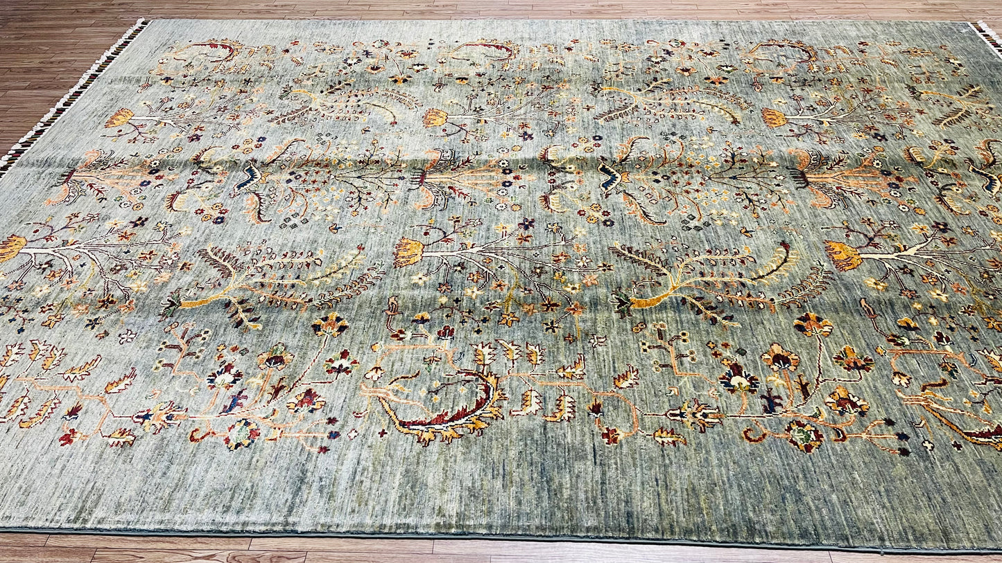 One of a Kind, Pure Wool, Naturally Dyed, Hand Knotted, Fine Afghan Traditional Chobi Area Rug - 9’ 8’’ x 6’ 10’’