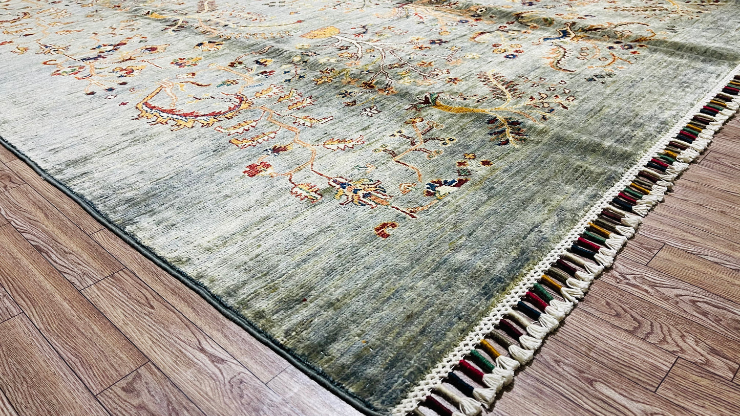 One of a Kind, Pure Wool, Naturally Dyed, Hand Knotted, Fine Afghan Traditional Chobi Area Rug - 9’ 8’’ x 6’ 10’’