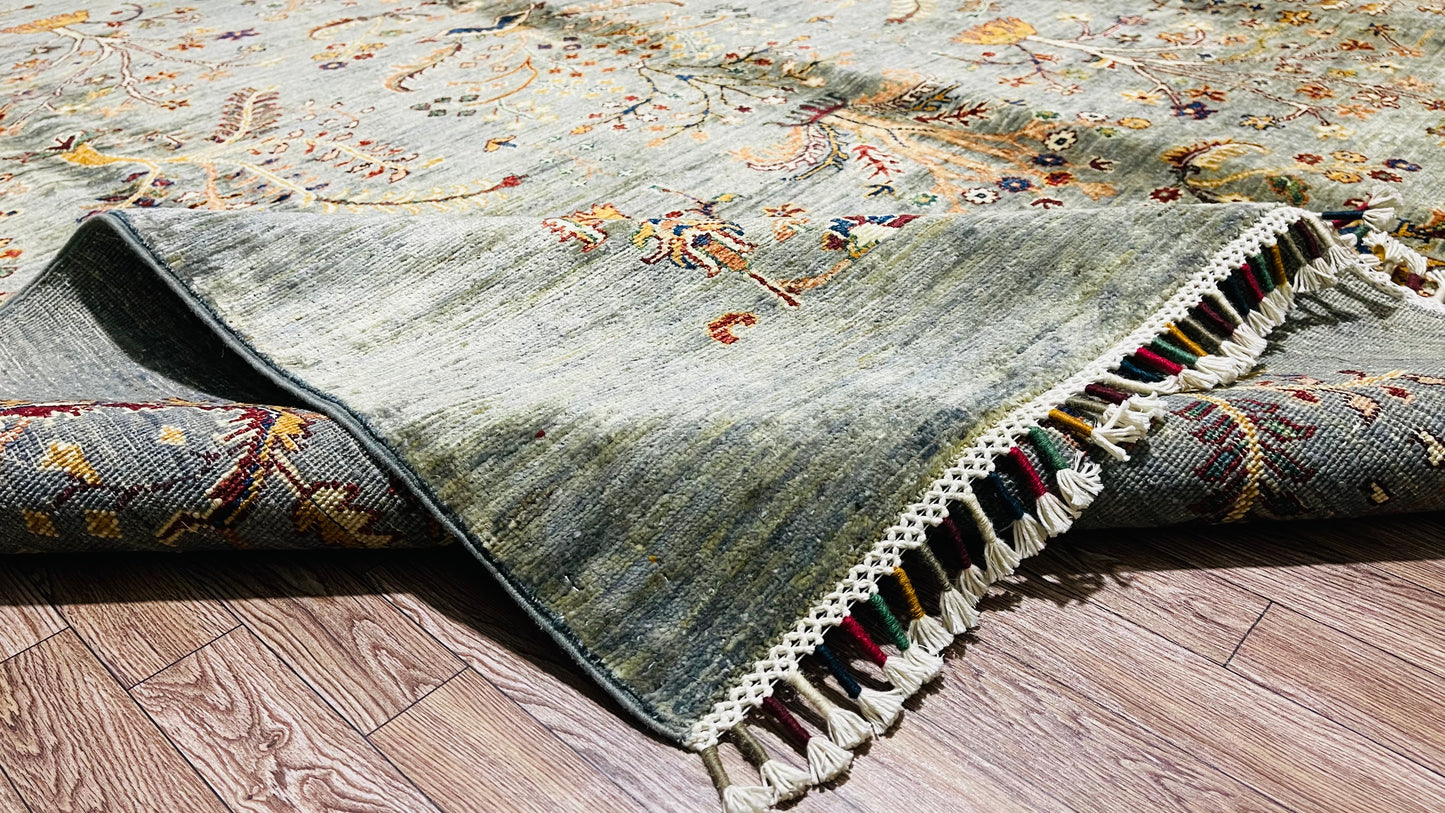 One of a Kind, Pure Wool, Naturally Dyed, Hand Knotted, Fine Afghan Traditional Chobi Area Rug - 9’ 8’’ x 6’ 10’’