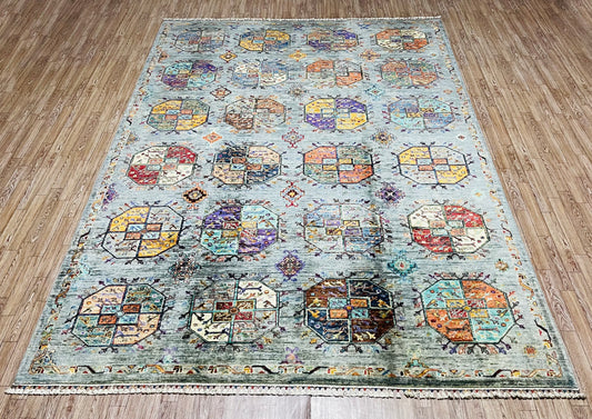 One of a Kind, Pure Wool, Naturally Dyed, Hand Knotted, Fine Afghan Traditional Feel Pai Area Rug - 8’ 10’’ x 6’ 1’’