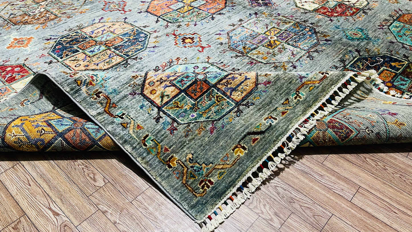 One of a Kind, Pure Wool, Naturally Dyed, Hand Knotted, Fine Afghan Traditional Feel Pai Area Rug - 8’ 10’’ x 6’ 1’’