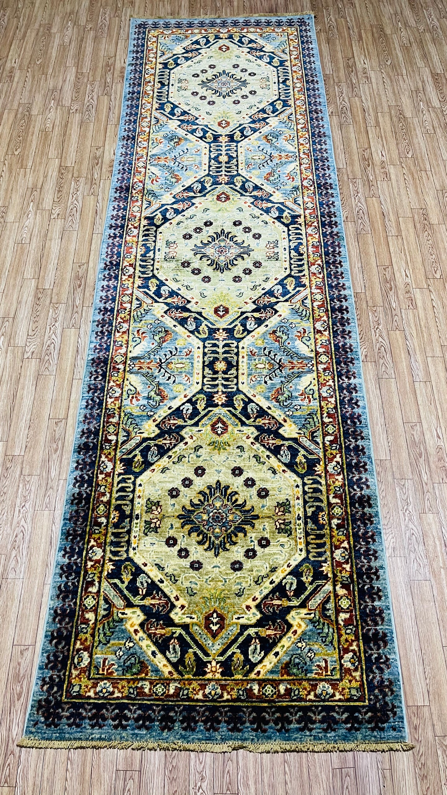 Pure Wool, Naturally Dyed, Hand Knotted, Fine Afghan Traditional Chobi Runner Rug - 9' 11'' x 2' 10''