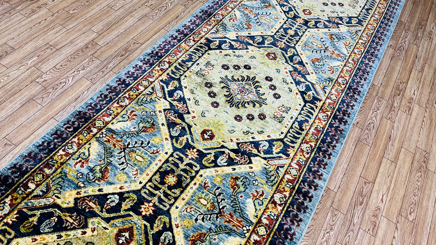 Pure Wool, Naturally Dyed, Hand Knotted, Fine Afghan Traditional Chobi Runner Rug - 9' 11'' x 2' 10''