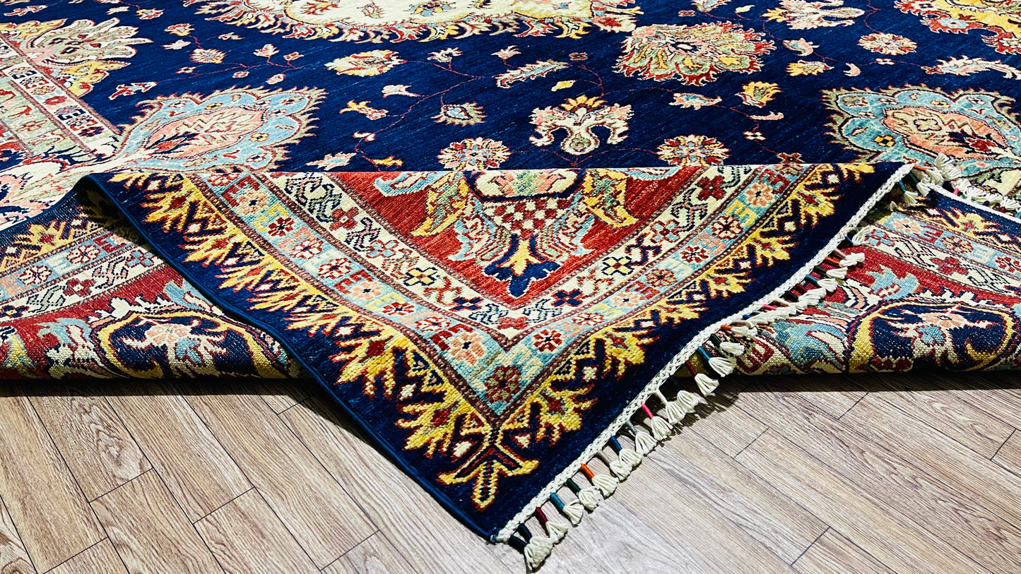 One of a Kind, Pure Wool, Naturally Dyed, Hand Knotted, Fine Afghan Super Kazak Area Rug – 11’ 10’’ x 9’ 2’’