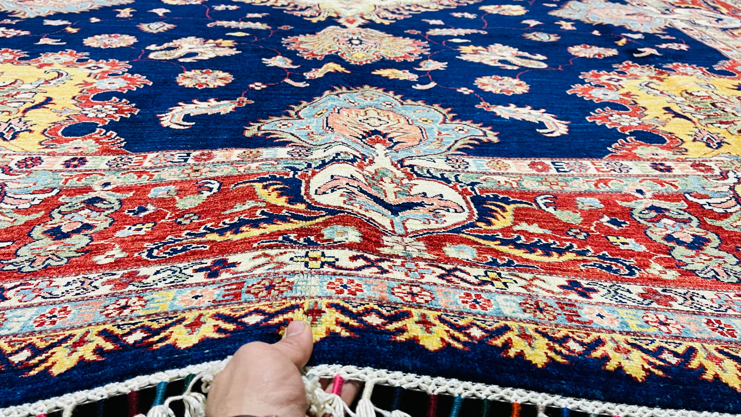 One of a Kind, Pure Wool, Naturally Dyed, Hand Knotted, Fine Afghan Super Kazak Area Rug – 11’ 10’’ x 9’ 2’’