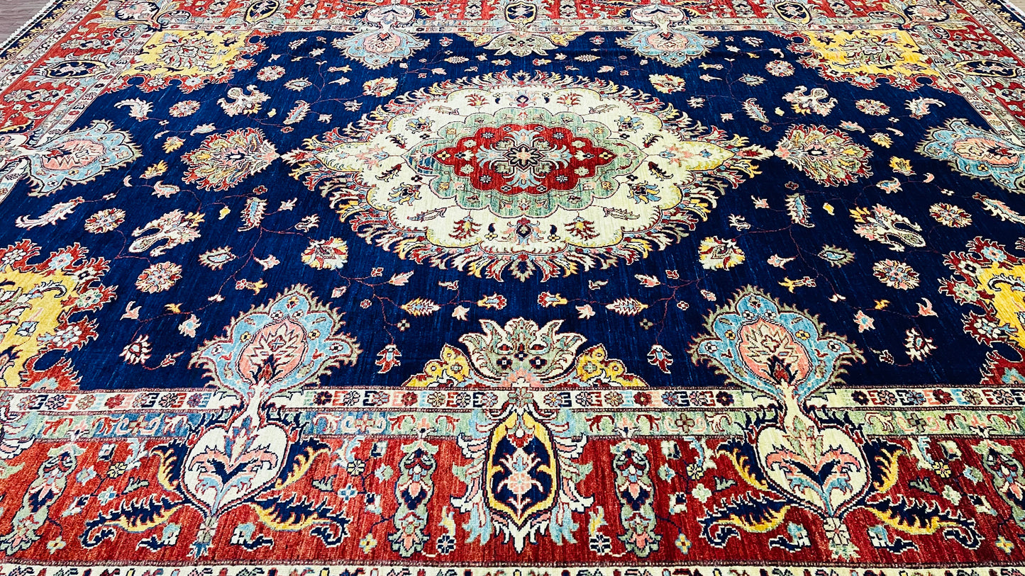 One of a Kind, Pure Wool, Naturally Dyed, Hand Knotted, Fine Afghan Super Kazak Area Rug – 11’ 10’’ x 9’ 2’’