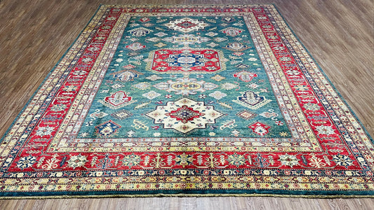 One of a Kind, Pure Wool, Naturally Dyed, Hand Knotted, Fine Afghan Super Kazak Area Rug – 11’ 11’’ x 9’ 4’’