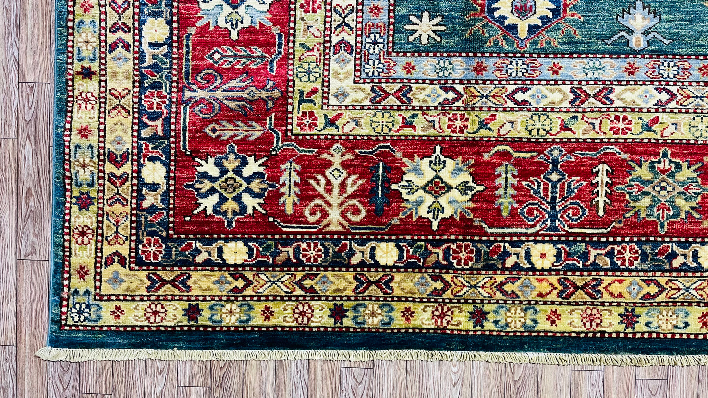 One of a Kind, Pure Wool, Naturally Dyed, Hand Knotted, Fine Afghan Super Kazak Area Rug – 11’ 11’’ x 9’ 4’’