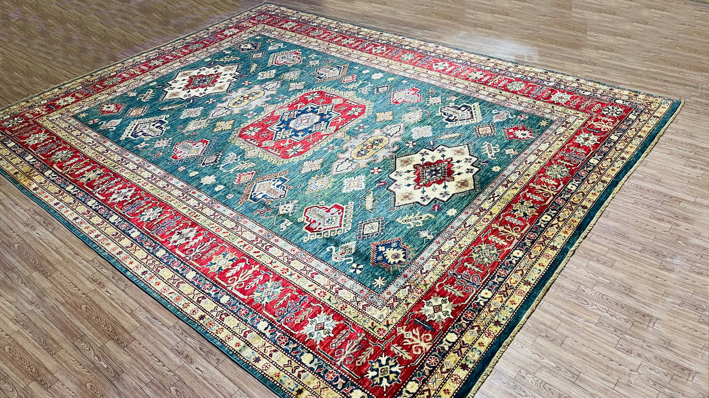 One of a Kind, Pure Wool, Naturally Dyed, Hand Knotted, Fine Afghan Super Kazak Area Rug – 11’ 11’’ x 9’ 4’’