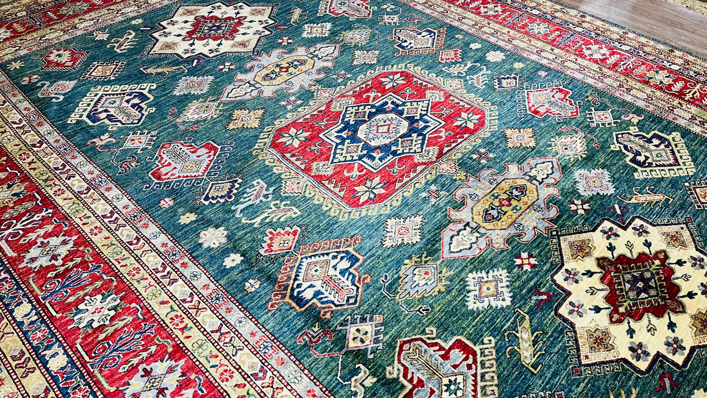 One of a Kind, Pure Wool, Naturally Dyed, Hand Knotted, Fine Afghan Super Kazak Area Rug – 11’ 11’’ x 9’ 4’’