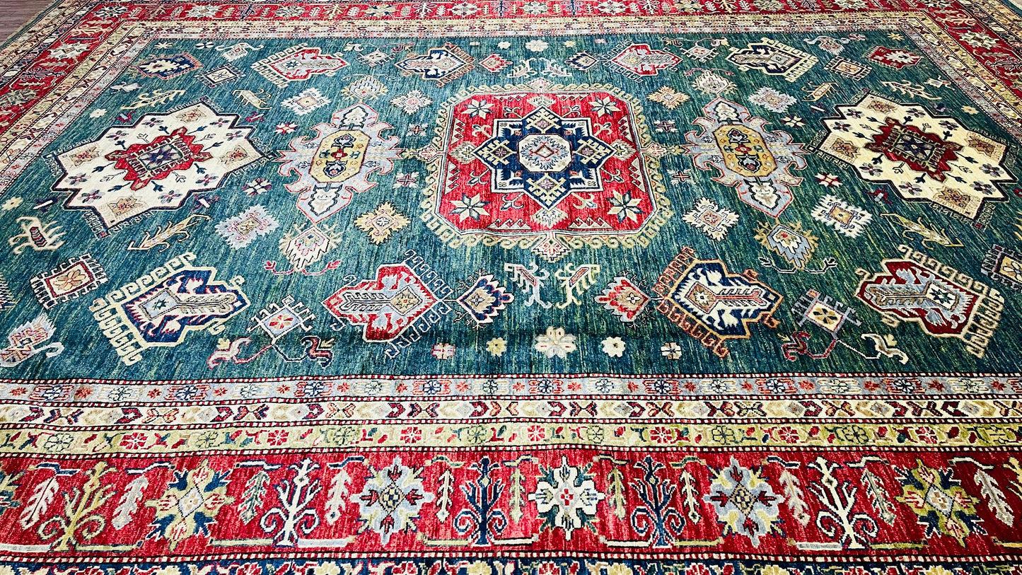 One of a Kind, Pure Wool, Naturally Dyed, Hand Knotted, Fine Afghan Super Kazak Area Rug – 11’ 11’’ x 9’ 4’’