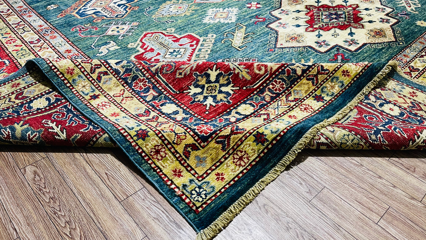 One of a Kind, Pure Wool, Naturally Dyed, Hand Knotted, Fine Afghan Super Kazak Area Rug – 11’ 11’’ x 9’ 4’’