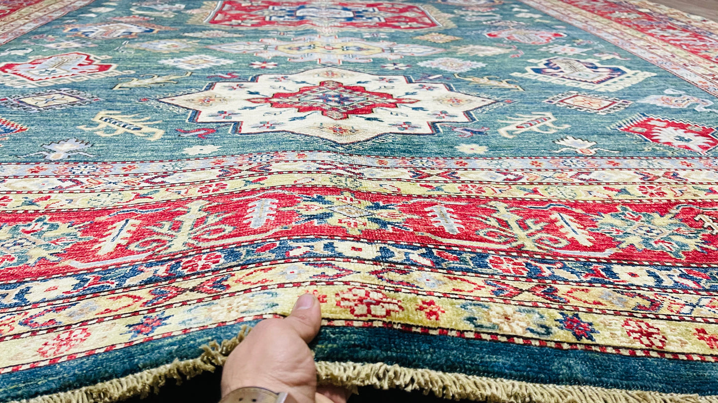 One of a Kind, Pure Wool, Naturally Dyed, Hand Knotted, Fine Afghan Super Kazak Area Rug – 11’ 11’’ x 9’ 4’’