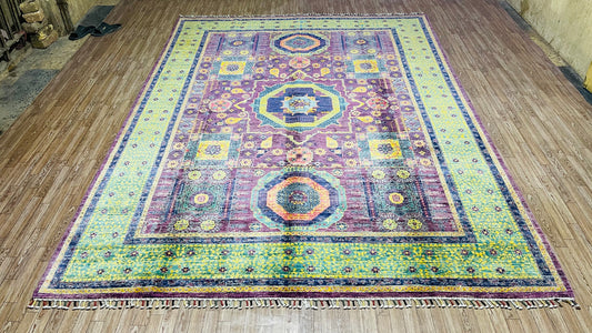 One of a Kind, Pure Wool, Naturally Dyed, Hand Knotted, Fine Afghan Tribal Mamluk Area Rug – 9’ 8’’ x 7’ 3’’