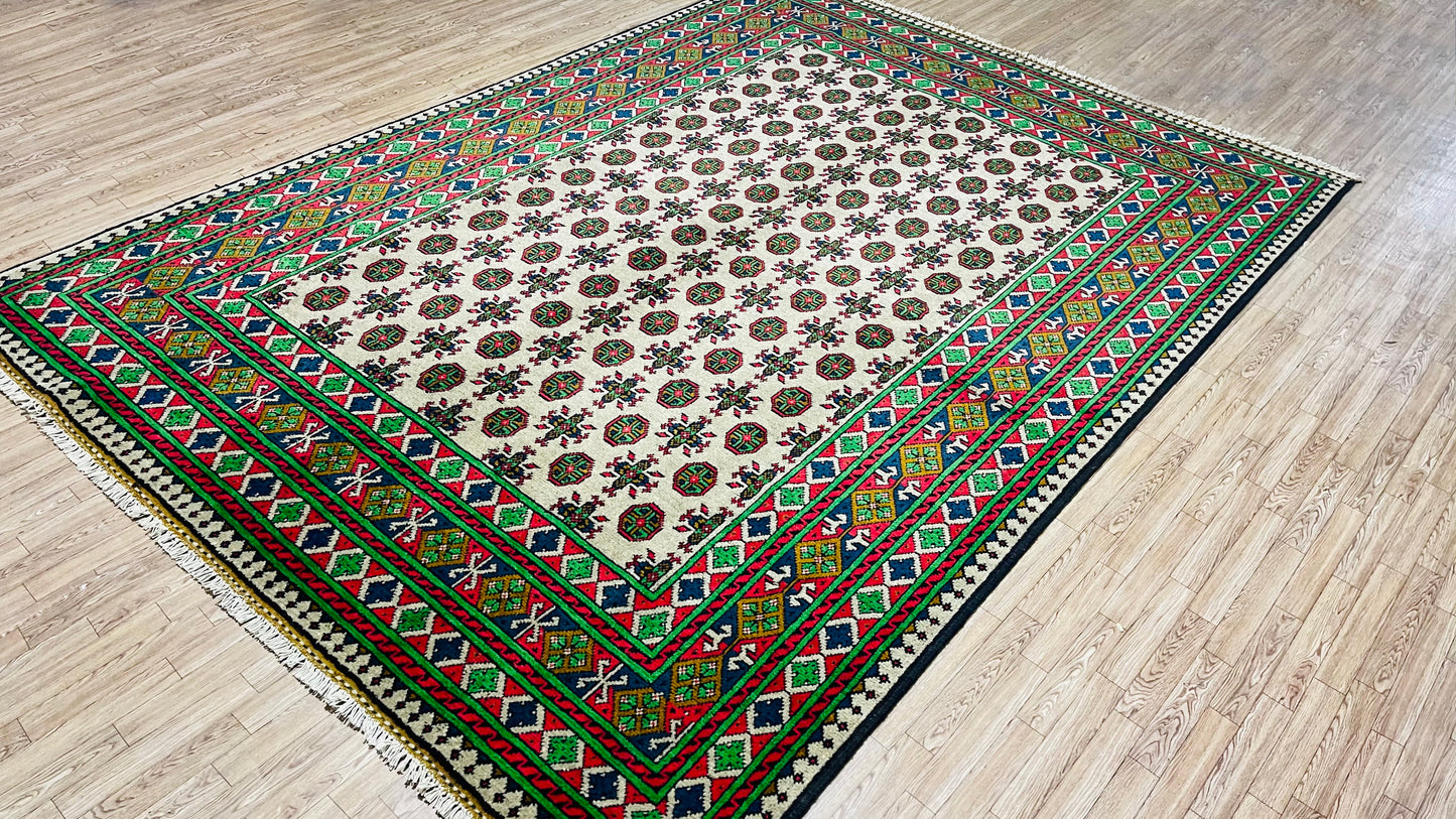 Pure Wool, Naturally Dyed, Hand Knotted, Fine Afghan Tribal Merinos Area Rug – 9’ 3’’ x 6’ 7’’