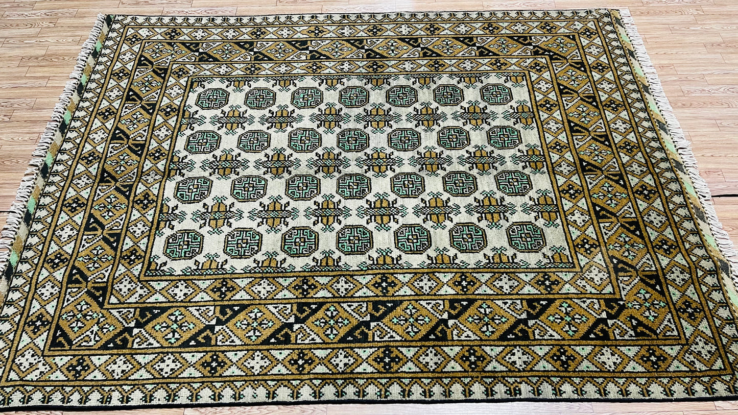 One of a kind, Pure Wool, Naturally Dyed, Hand Knotted, Fine Afghan Traditional Aaqcha Area Rug – 6’ 4’’ x 4’ 10’’