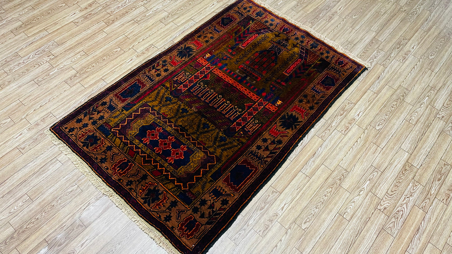 Pure Wool, Naturally Dyed, Hand Knotted, Fine Afghan Traditional Prayer Area Rug – 4’ 5’’ x 2’ 9’’