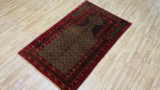 Pure Wool, Naturally Dyed, Hand Knotted, Fine Afghan Traditional Prayer Area Rug – 4’ 8’’ x 2’ 11’’