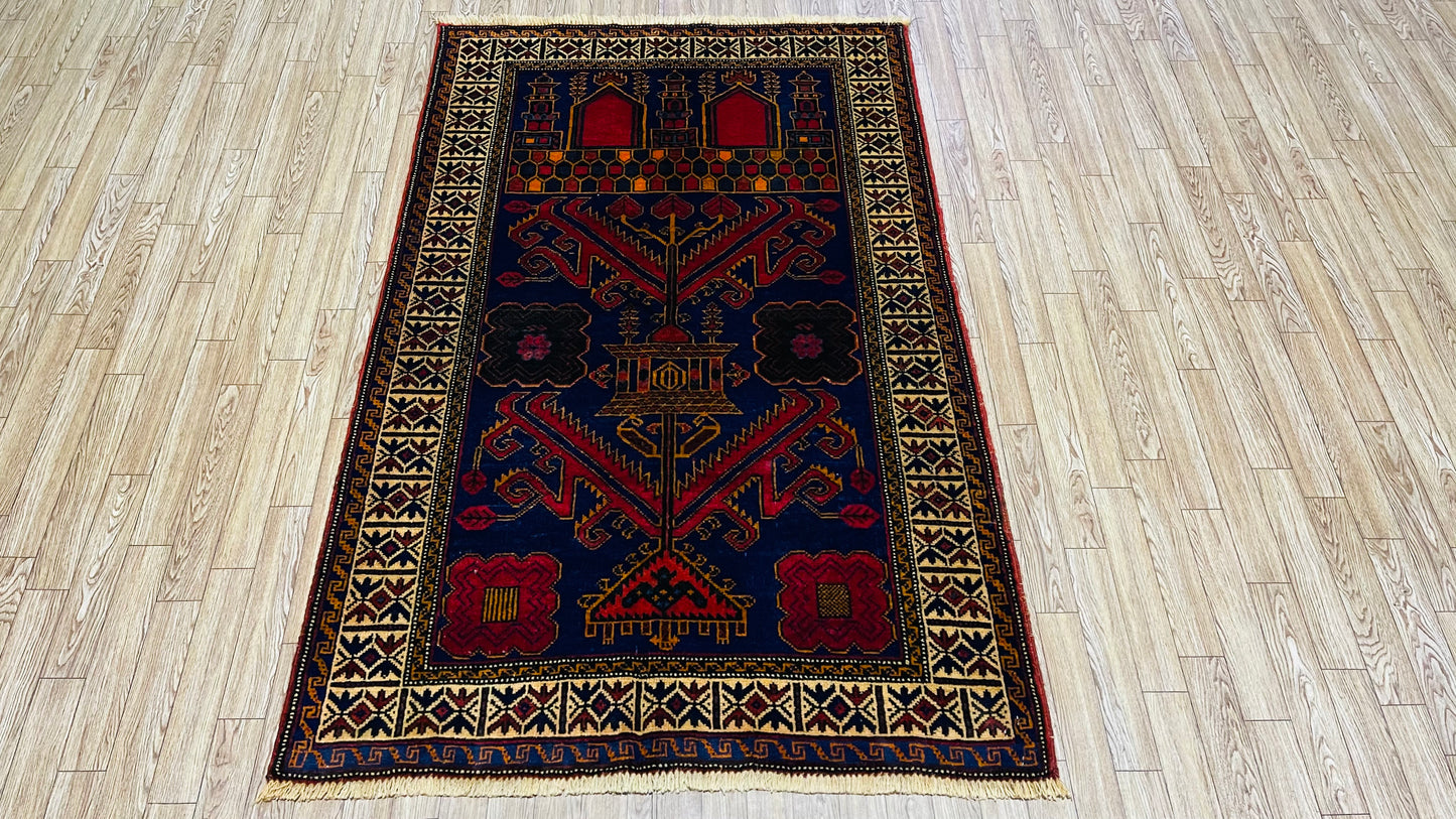 Pure Wool, Naturally Dyed, Hand Knotted, Fine Afghan Traditional Prayer Area Rug – 4’ 6’’ x 2’ 9’’