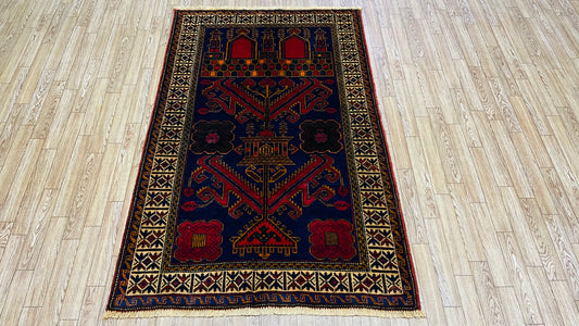 Pure Wool, Naturally Dyed, Hand Knotted, Fine Afghan Traditional Prayer Area Rug – 4’ 6’’ x 2’ 9’’