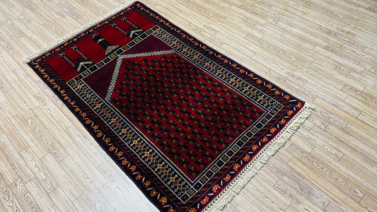 Pure Wool, Naturally Dyed, Hand Knotted, Fine Afghan Traditional Prayer Area Rug – 4’ 6’’ x 2’ 9’’