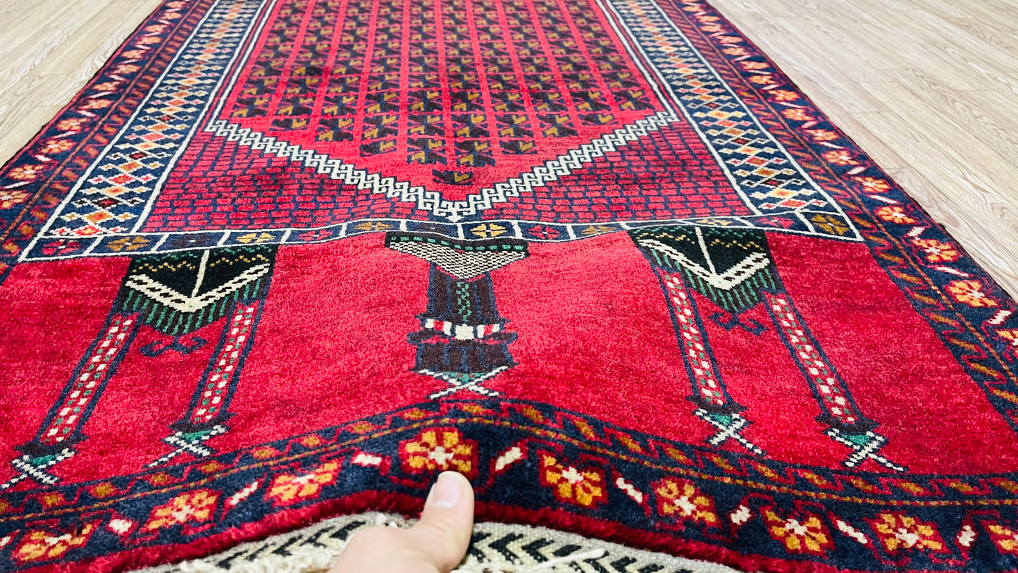 Pure Wool, Naturally Dyed, Hand Knotted, Fine Afghan Traditional Prayer Area Rug – 4’ 6’’ x 2’ 9’’