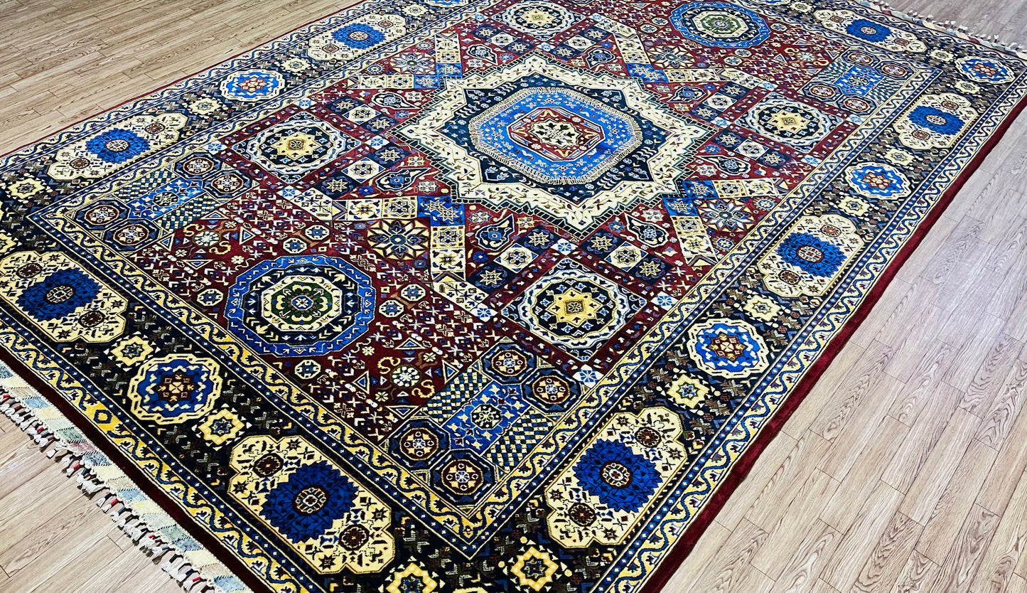 One of a kind, Pure Wool, Naturally Dyed, Hand Knotted, Fine Afghan Tribal Merinos Area Rug – 9’ 9’’ x 6’ 7’’