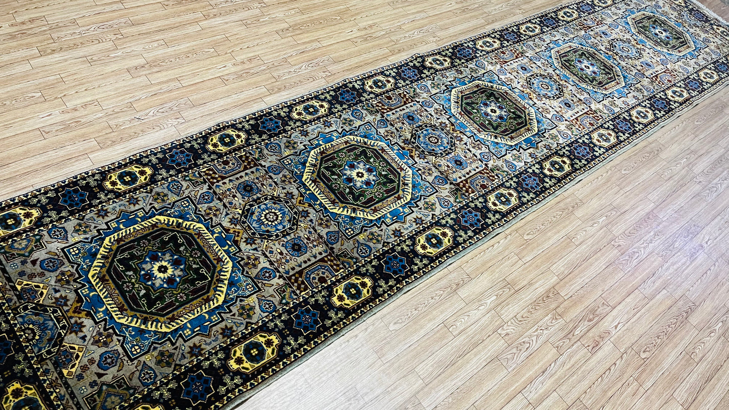 One of a Kind, Pure Wool, Naturally Dyed, Hand Knotted, Fine Afghan Tribal Mamluk Runner Rug – 12’ 8’’ x 2’ 9’’