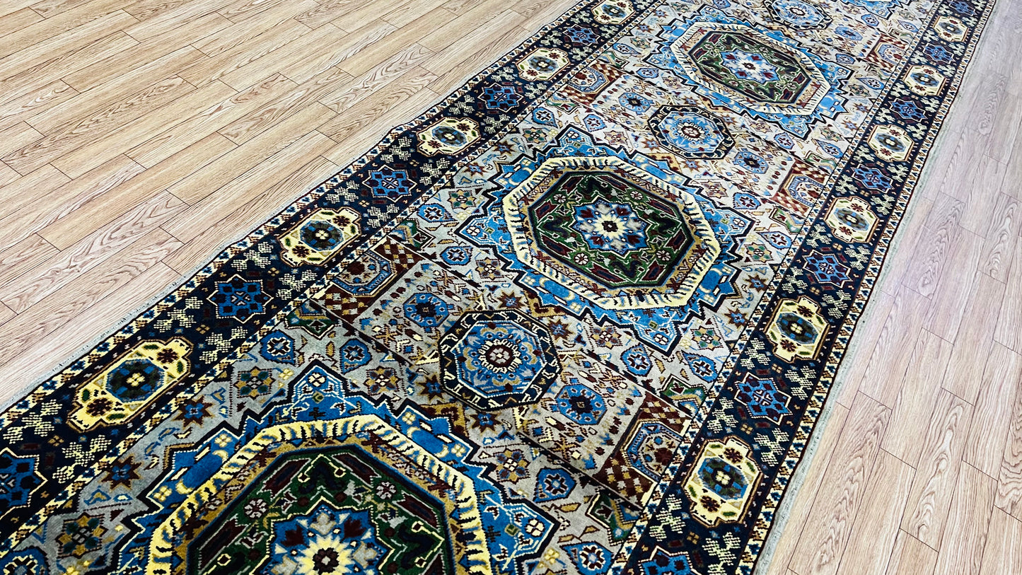 One of a Kind, Pure Wool, Naturally Dyed, Hand Knotted, Fine Afghan Tribal Mamluk Runner Rug – 12’ 8’’ x 2’ 9’’